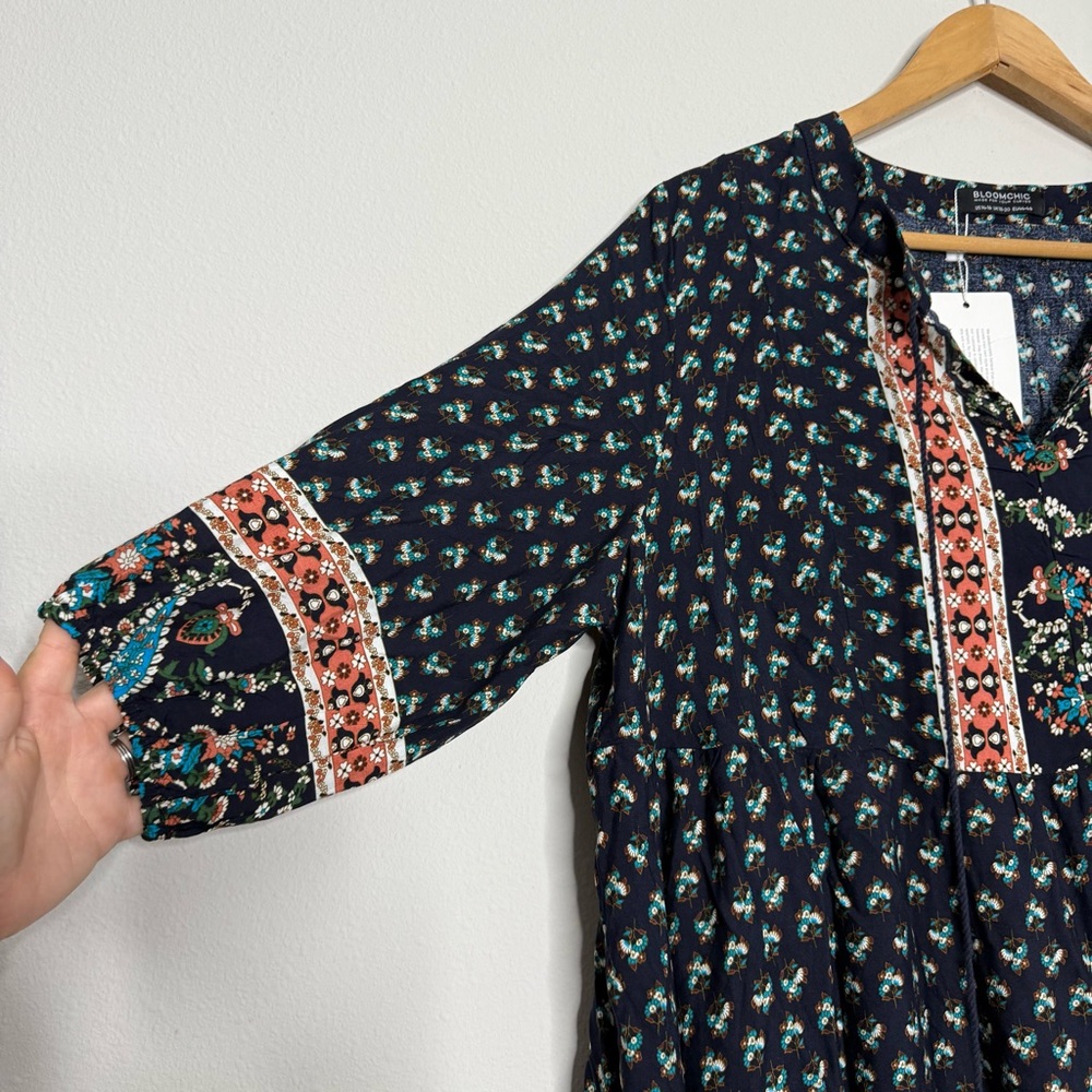Bloomchic Midi Dress Bandana Tassels Keyhole Neck Indigo Floral Plus Size 1X NWT - Picture 4 of 8